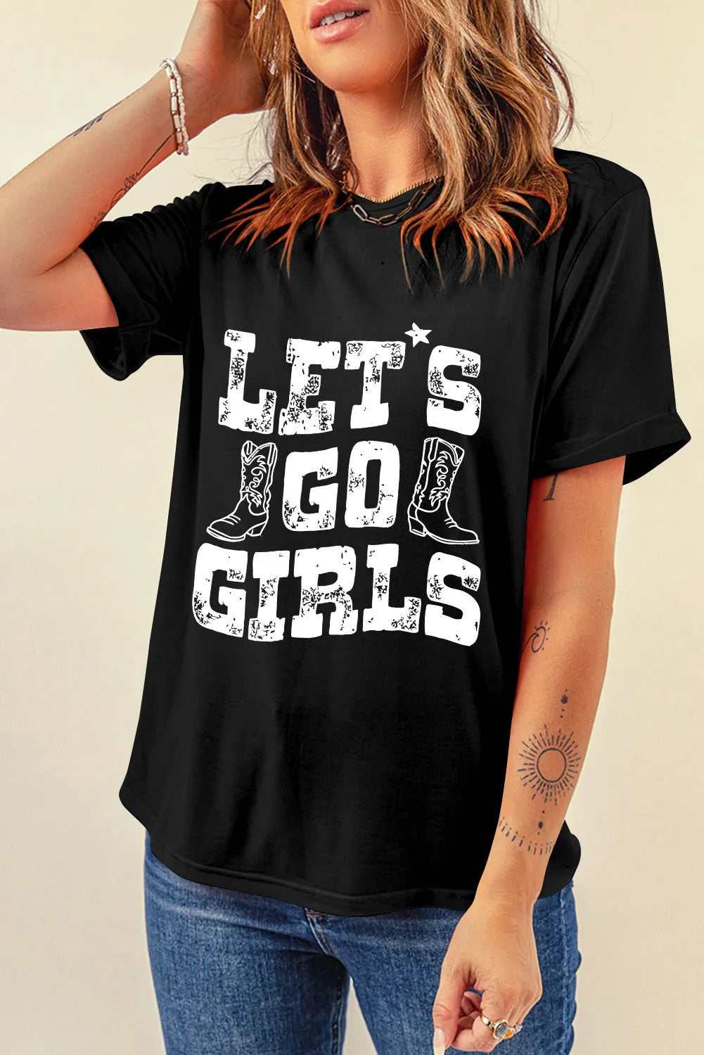 LET'S GO GIRLS Letter Graphic Round Neck Short Sleeve T-Shirt