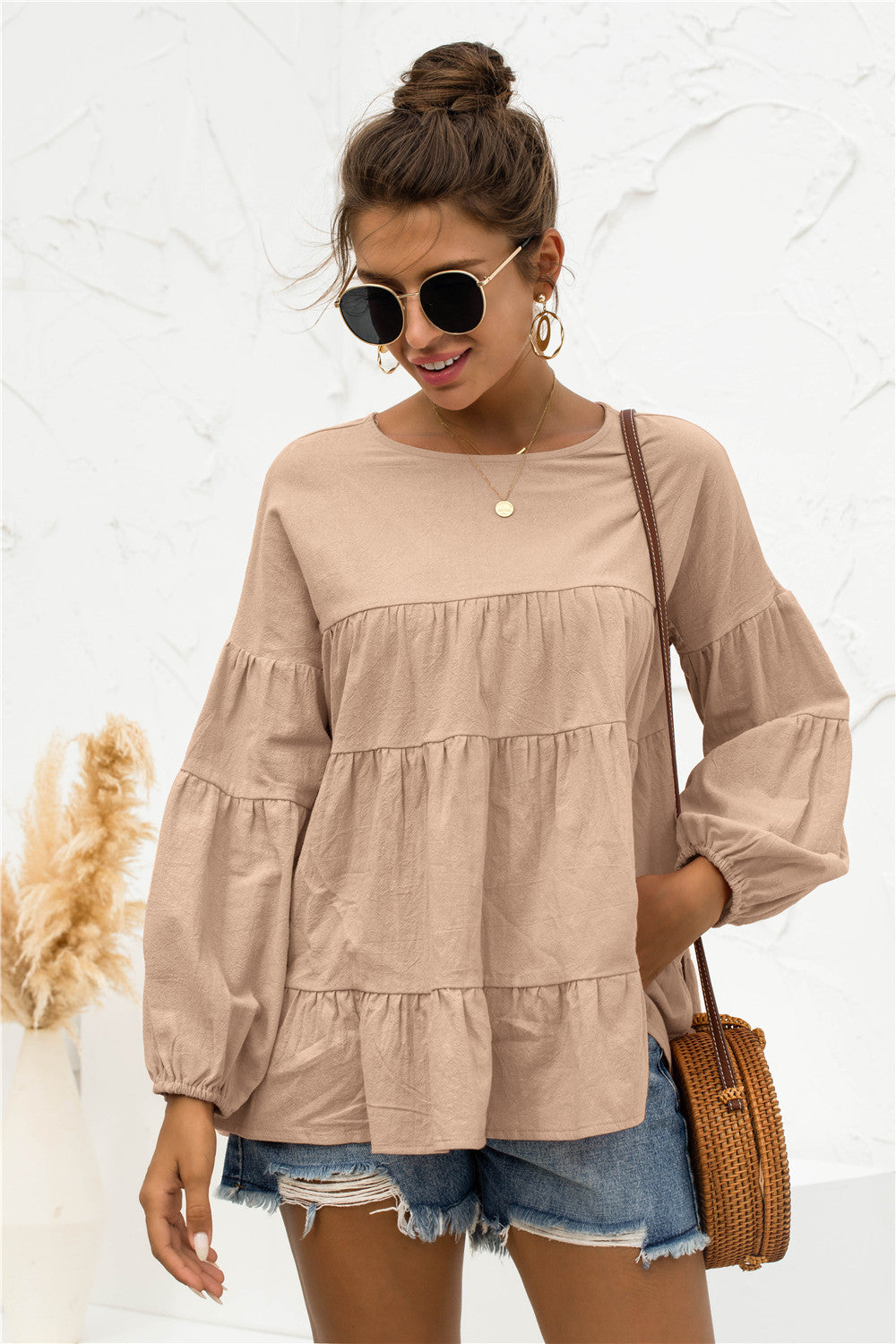 Round Neck Bubble Sleeve Tiered Blouse