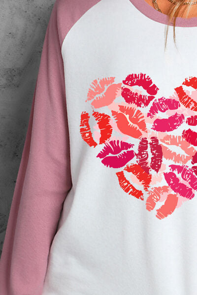 Lip Heart Graphic Round Neck Long Sleeve T-Shirt