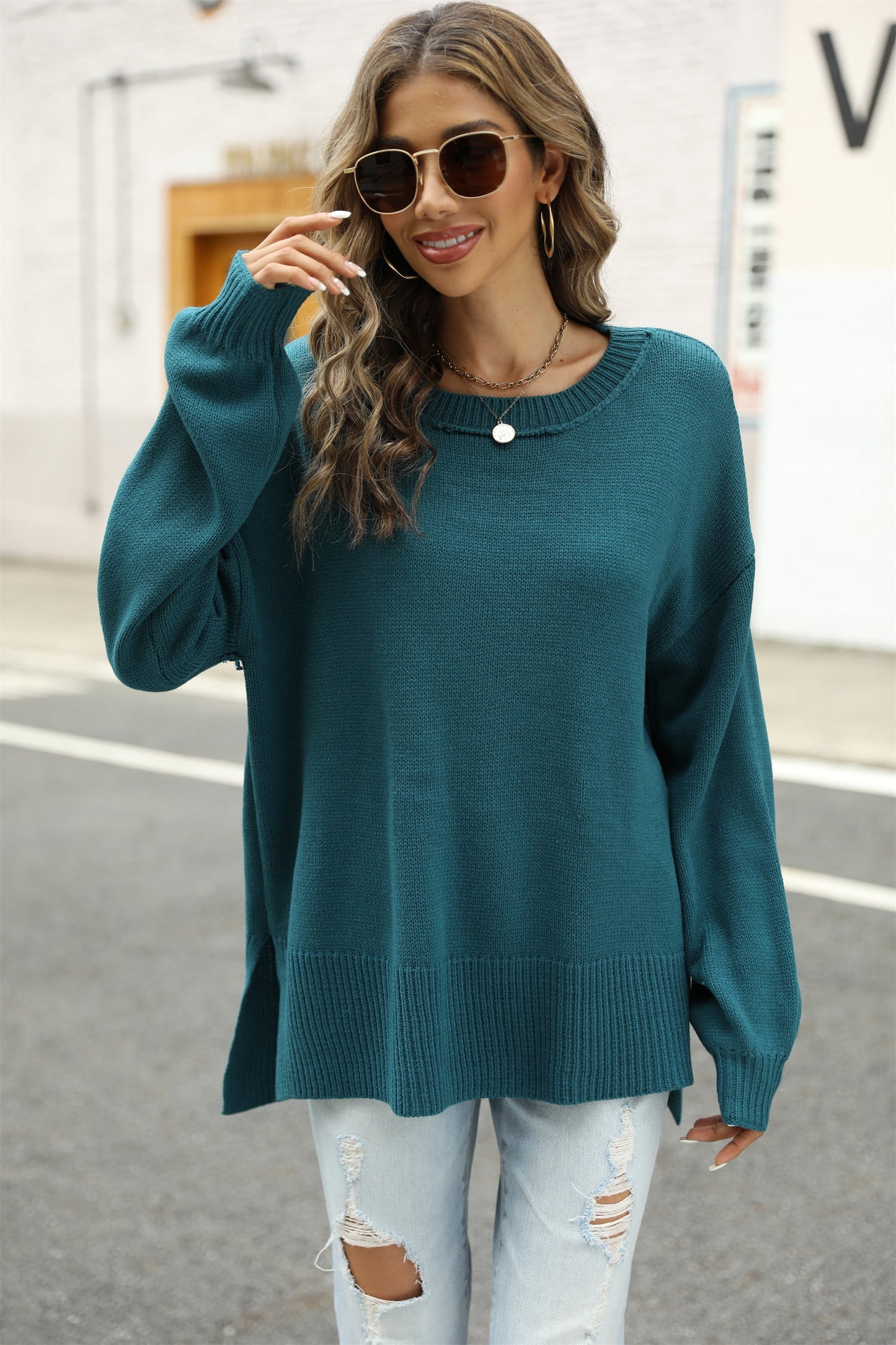 YSJY Round Neck Dropped Shoulder Slit Sweater