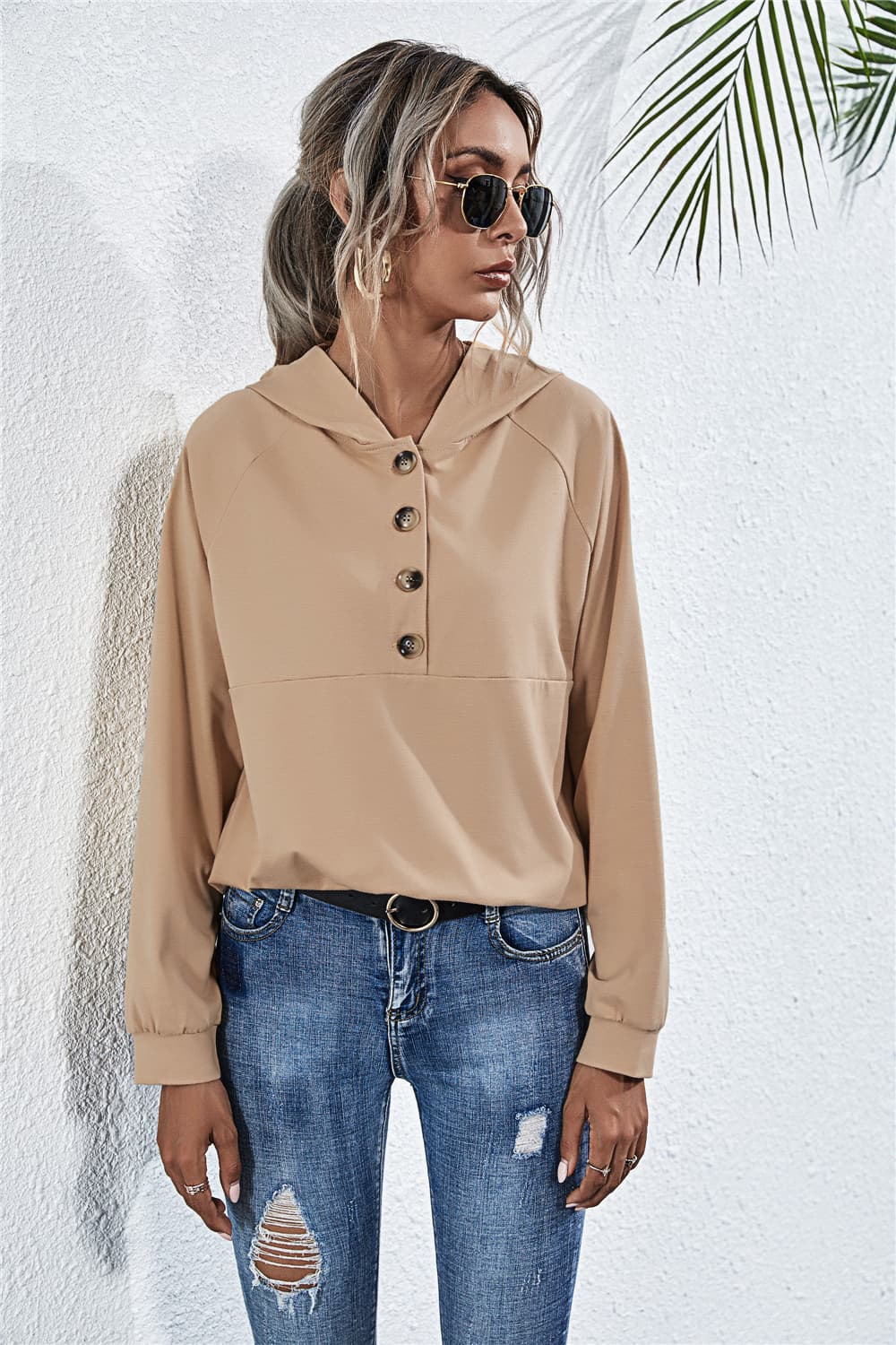 Buttoned Raglan Sleeve Hooded Blouse