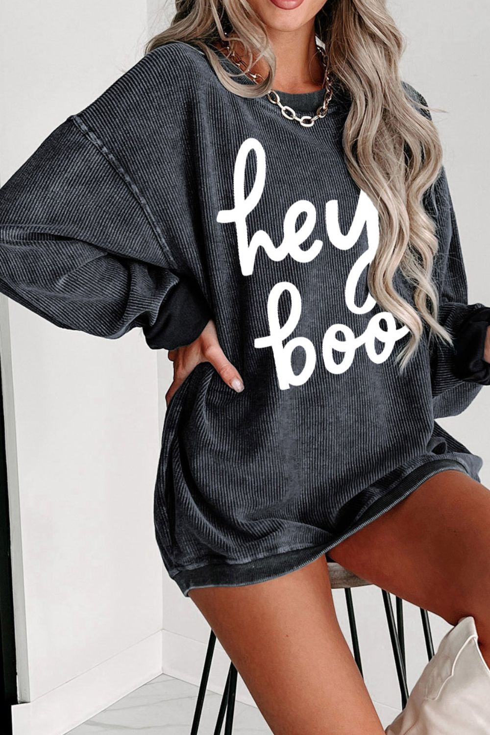 hey boo Round Neck Dropped Shoulder Graphic Sweatshirt