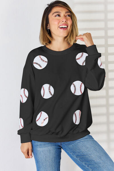 Sequin Ball Baseball Softball Round Neck Dropped Shoulder Sweatshirt