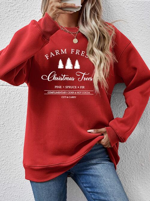 Farm Fresh Christmas Trees PINE SPRUCE FIR Graphic Round Neck Dropped Shoulder Sweatshirt