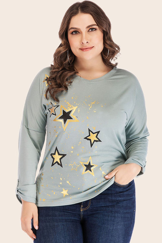 Plus Size Star Print Slit Dropped Shoulder Top