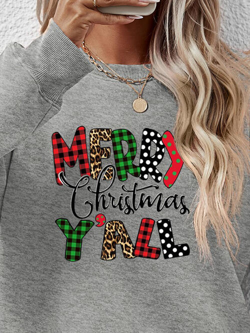 Merry Christmas Y'all Letter Graphic Round Neck Long Sleeve Sweatshirt