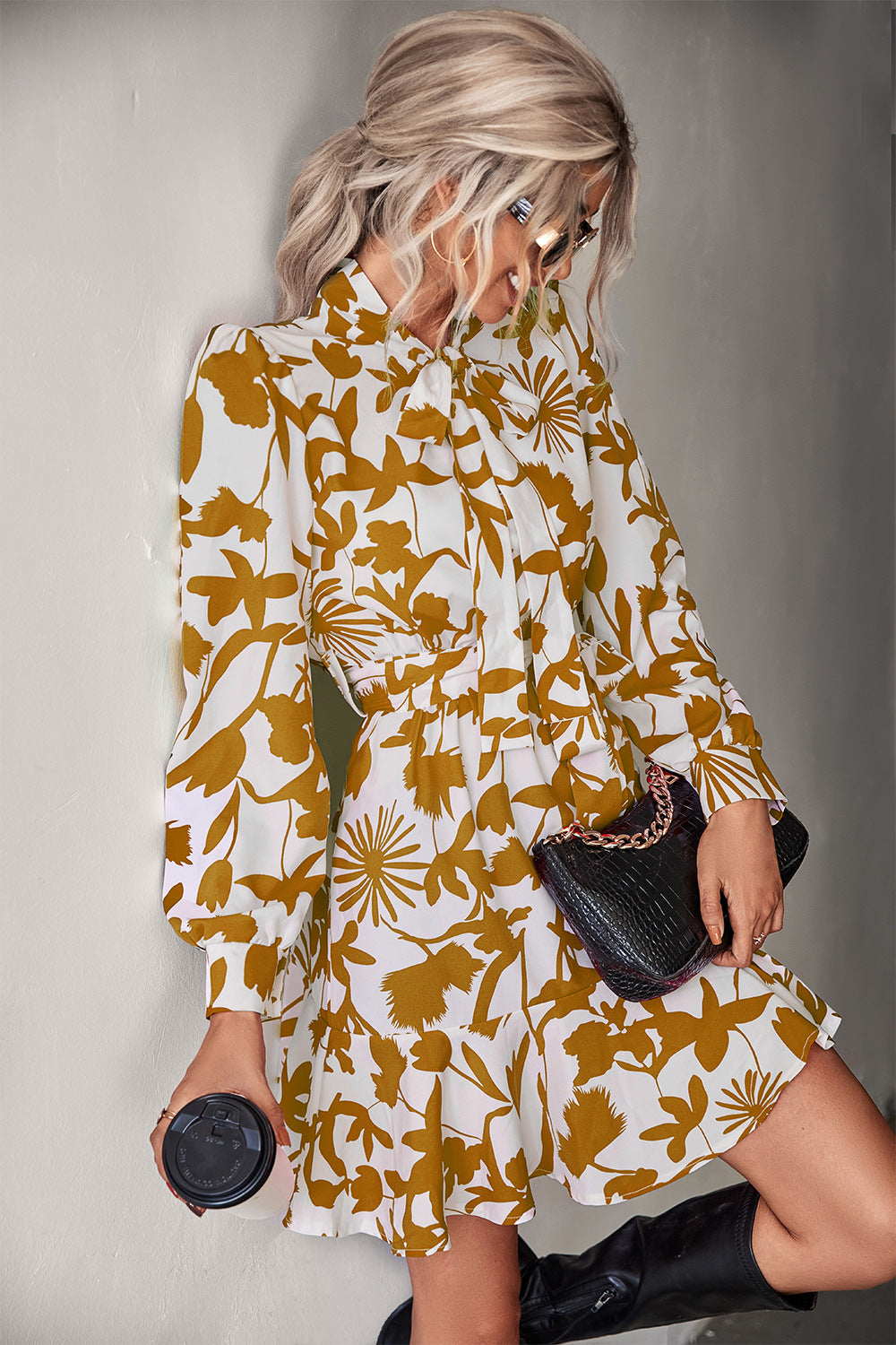 Floral Tie Neck Puff Sleeve Belted Dress