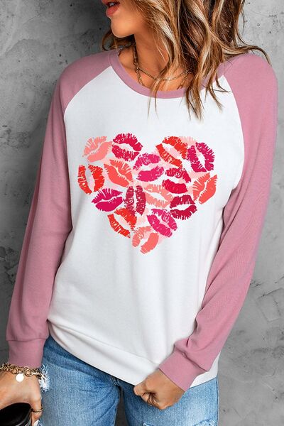 Lip Heart Graphic Round Neck Long Sleeve T-Shirt