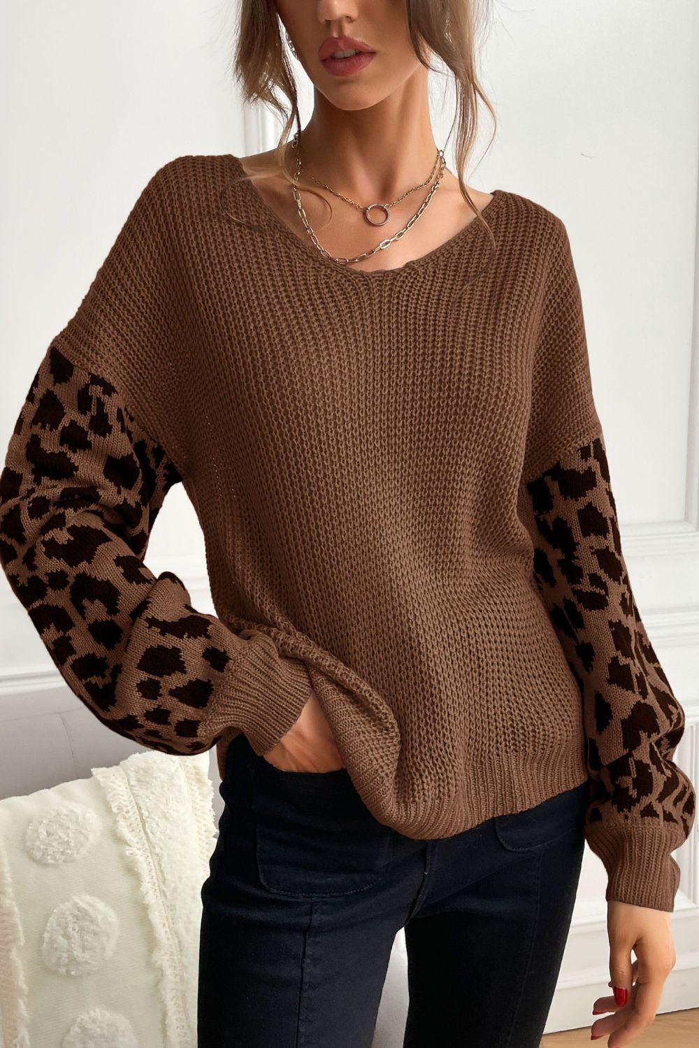 Leopard Sleeve Dropped Shoulder Sweater