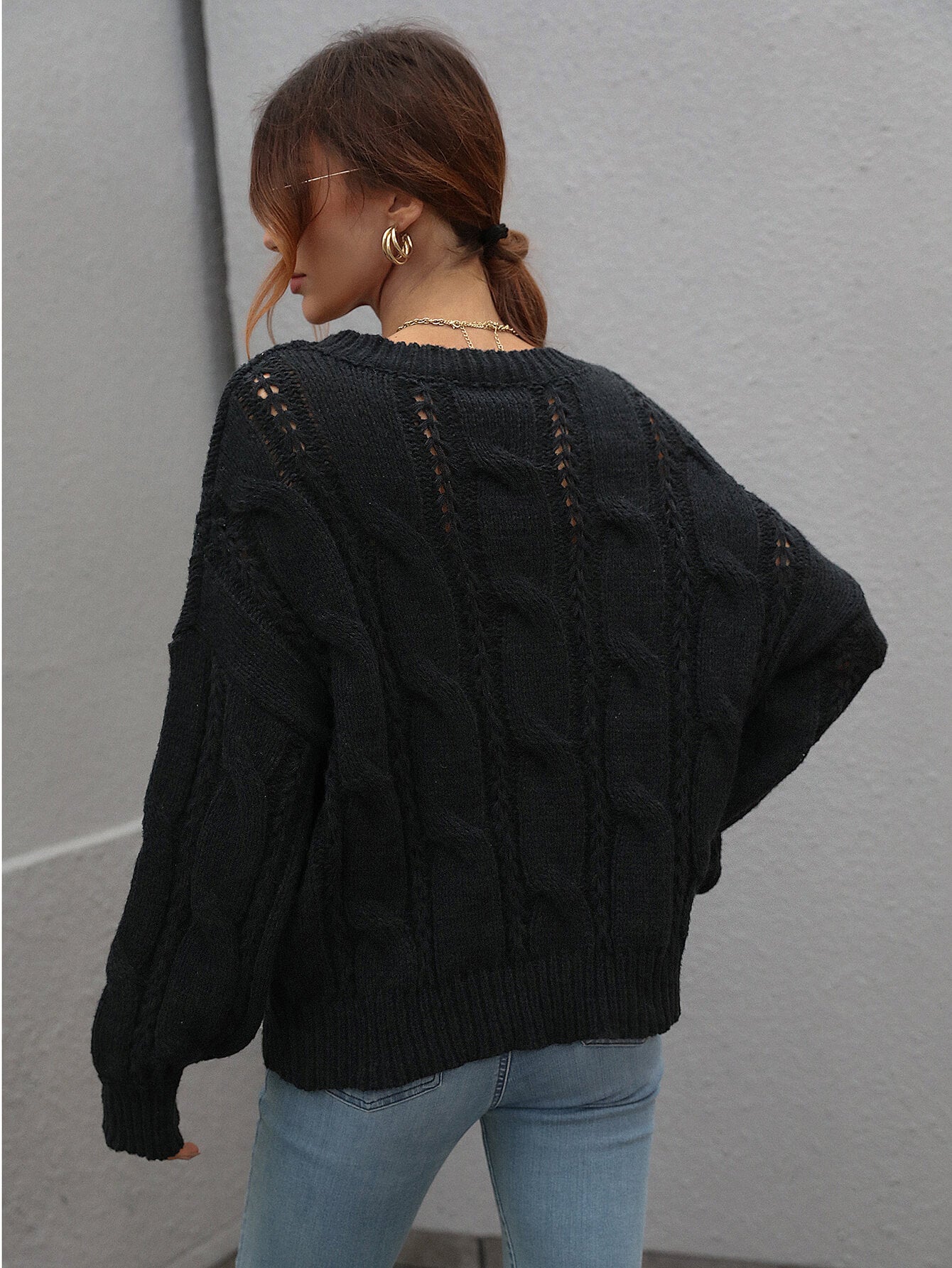 Cable-Knit Openwork Round Neck Sweater