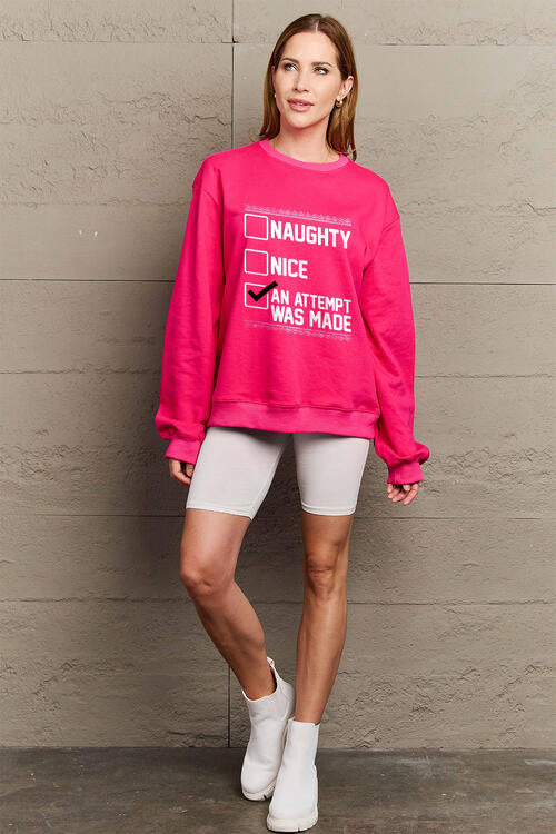 Simply Love Full Size Naughty, Nice, An Attempt Was Made Letter Graphic Long Sleeve Sweatshirt