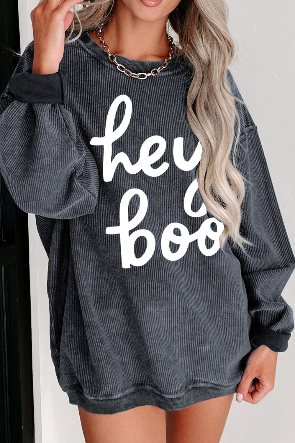 hey boo Round Neck Dropped Shoulder Graphic Sweatshirt