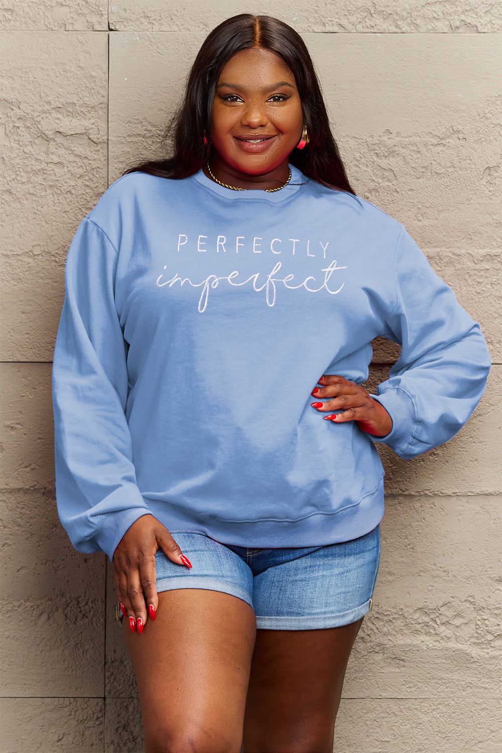 PERFECTLY Imperfect Simply Love Full Size Graphic Round Neck Sweatshirt