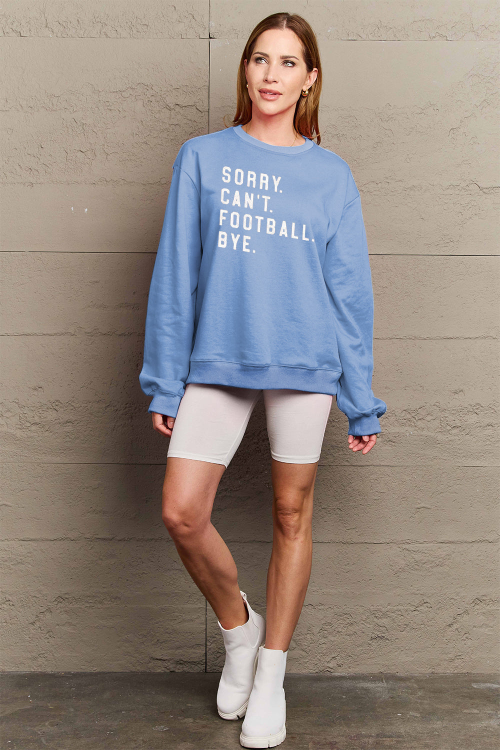 Sorry Can't Football Bye Simply Love Full Size Graphic Round Neck Sweatshirt