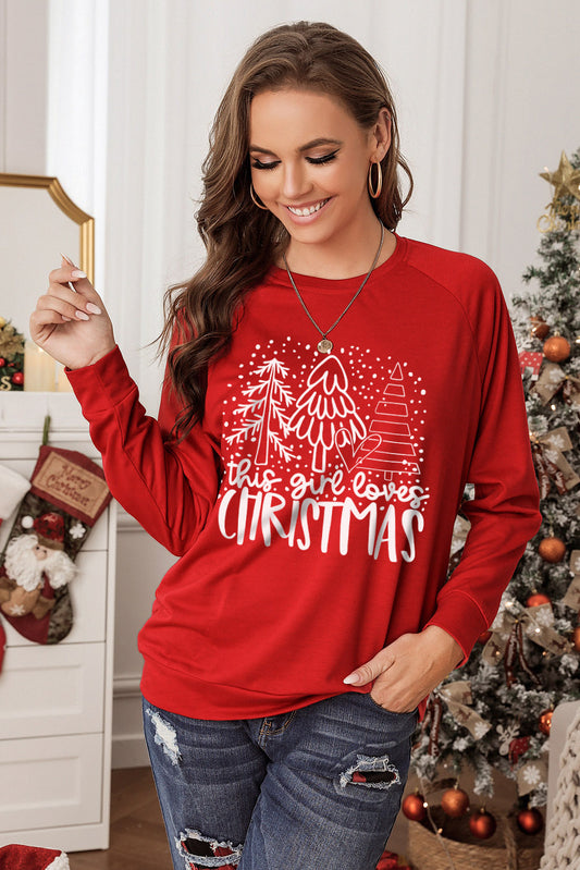 "This Girl Loves Christmas" Tree Round Neck Sweatshirt