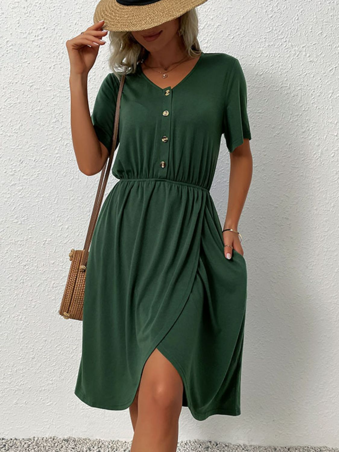 V-Neck Short Sleeve Split Dress