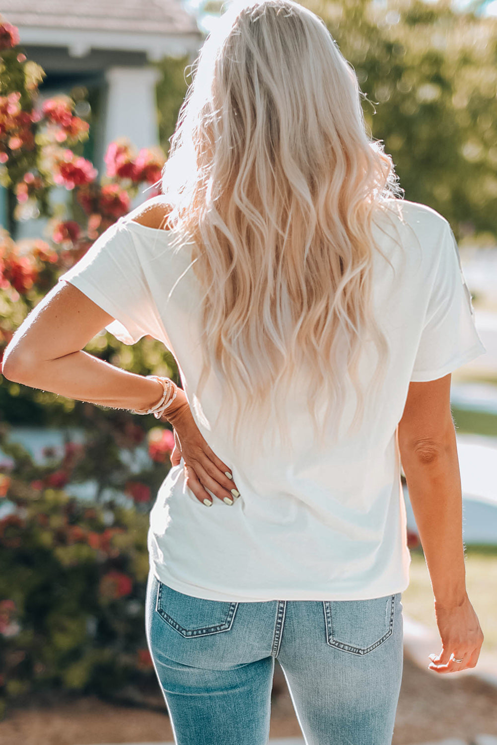 Printed Cold-Shoulder Short Sleeve T-shirt