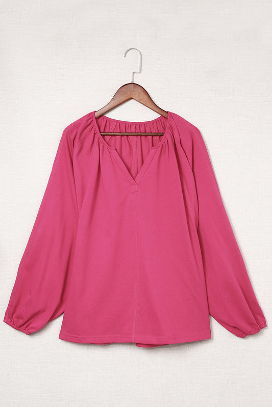 Notched Neck Balloon Sleeve Blouse