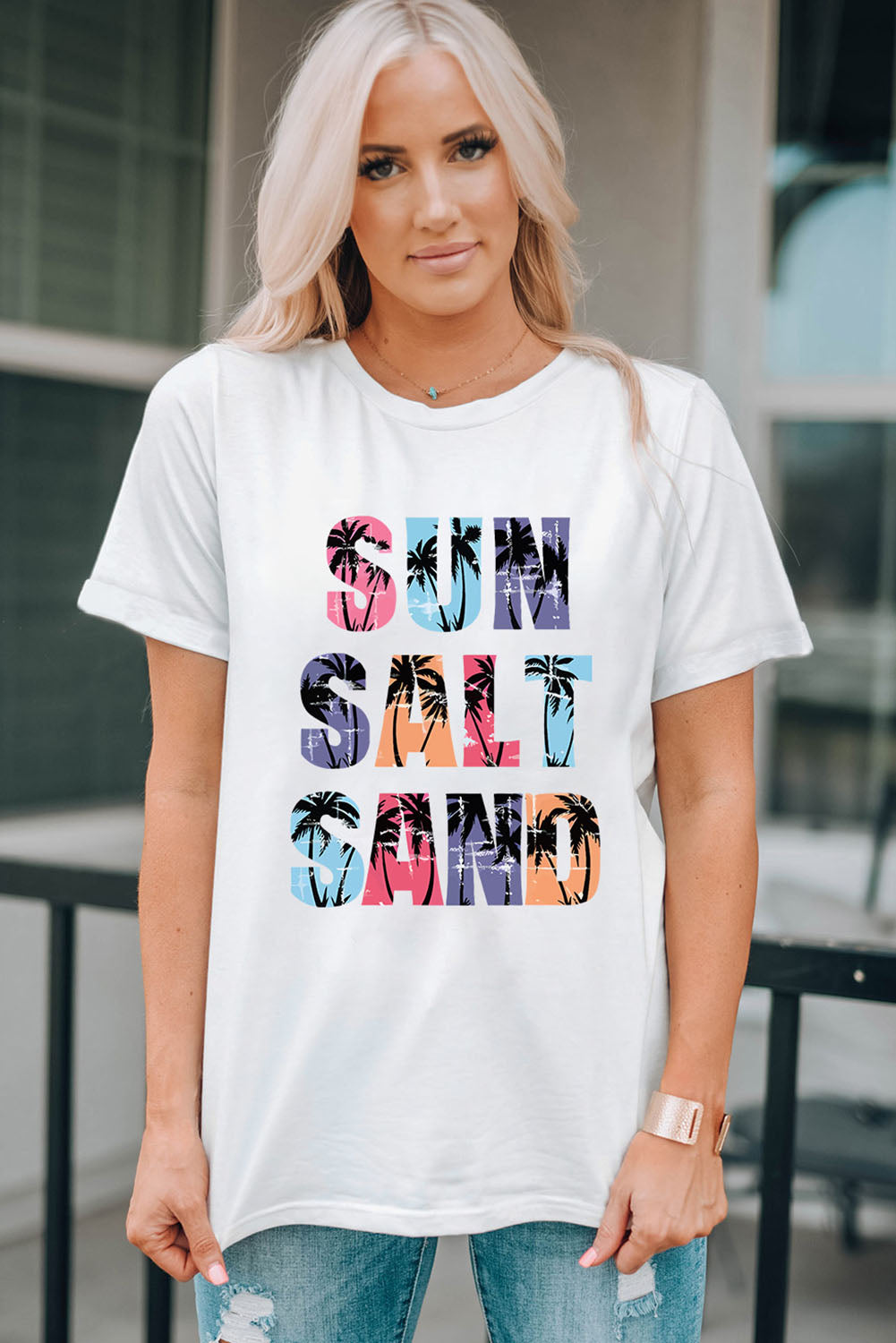 Sun Salt Sand Letter Graphic Round Neck Tee