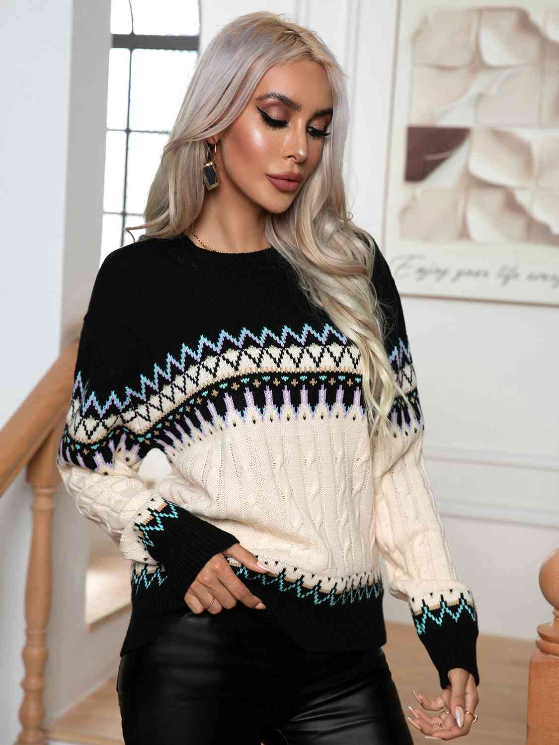 B&S Round Neck Cable-Knit Sweater