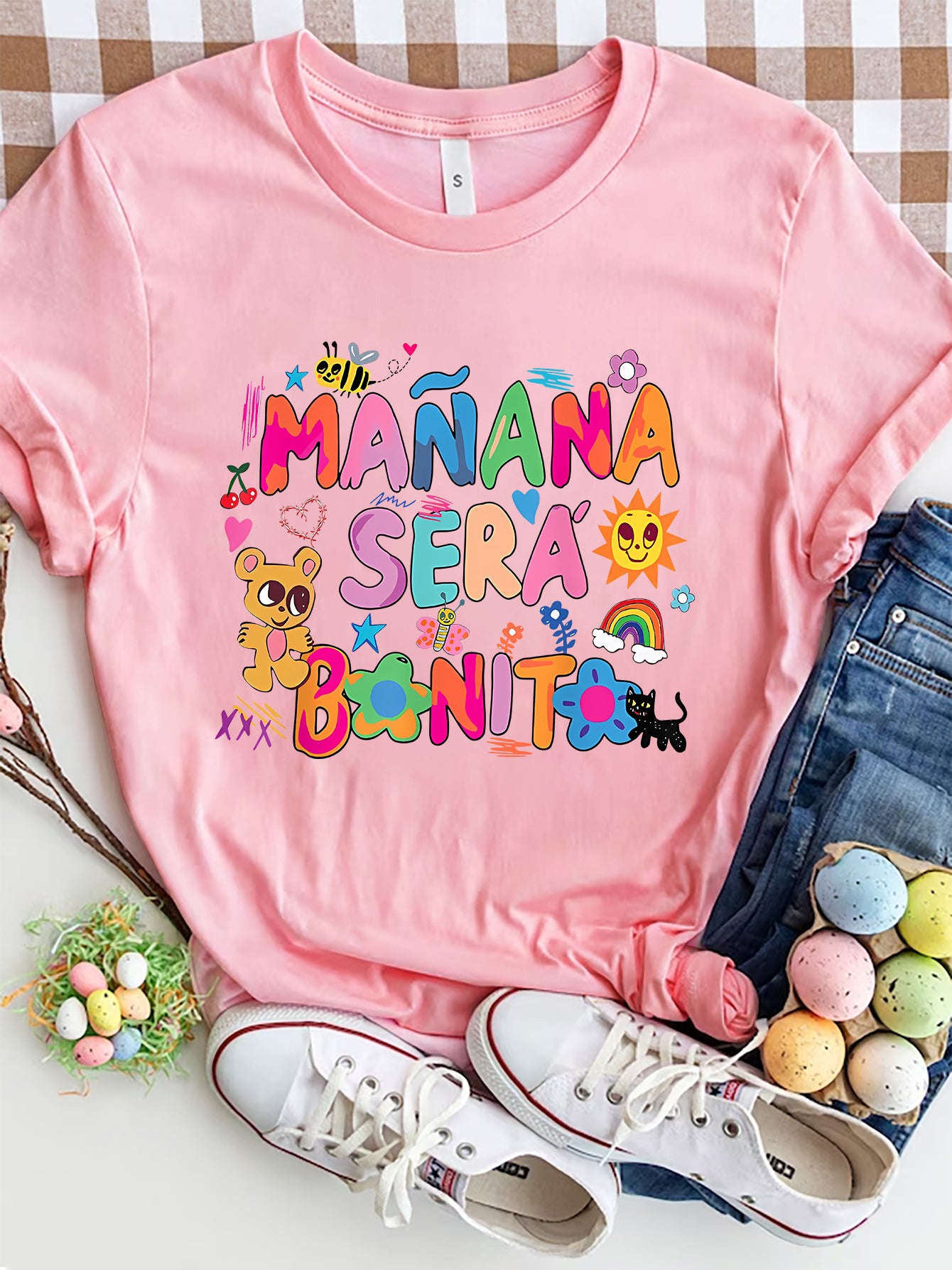 MAÑANA SERÁ BONITO Letter Graphic Round Neck Short Sleeve T-Shirt