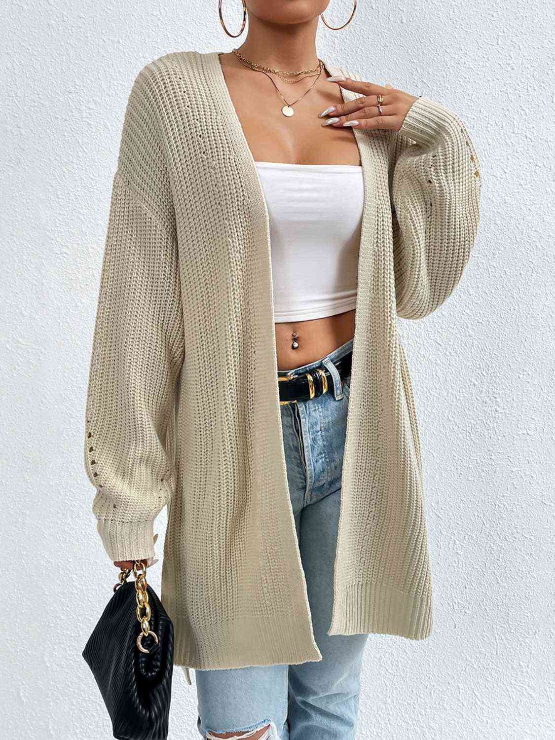 Yh Open Front Dropped Shoulder Slit Cardigan