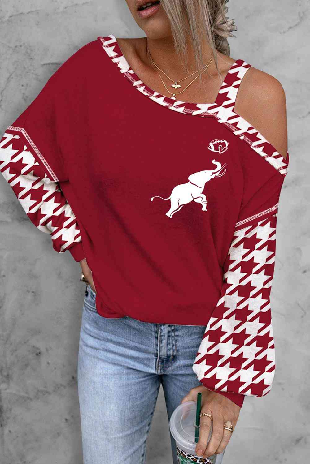 University of Alabama Crimson Red Roll Tide Elephant Football Houndstooth Long Sleeve Asymmetrical Neck Top