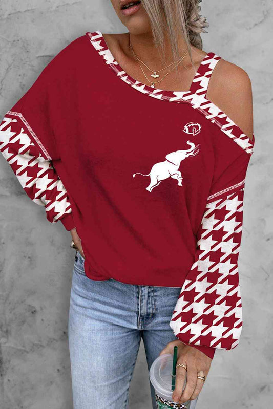 University of Alabama Crimson Red Roll Tide Elephant Football Houndstooth Long Sleeve Asymmetrical Neck Top