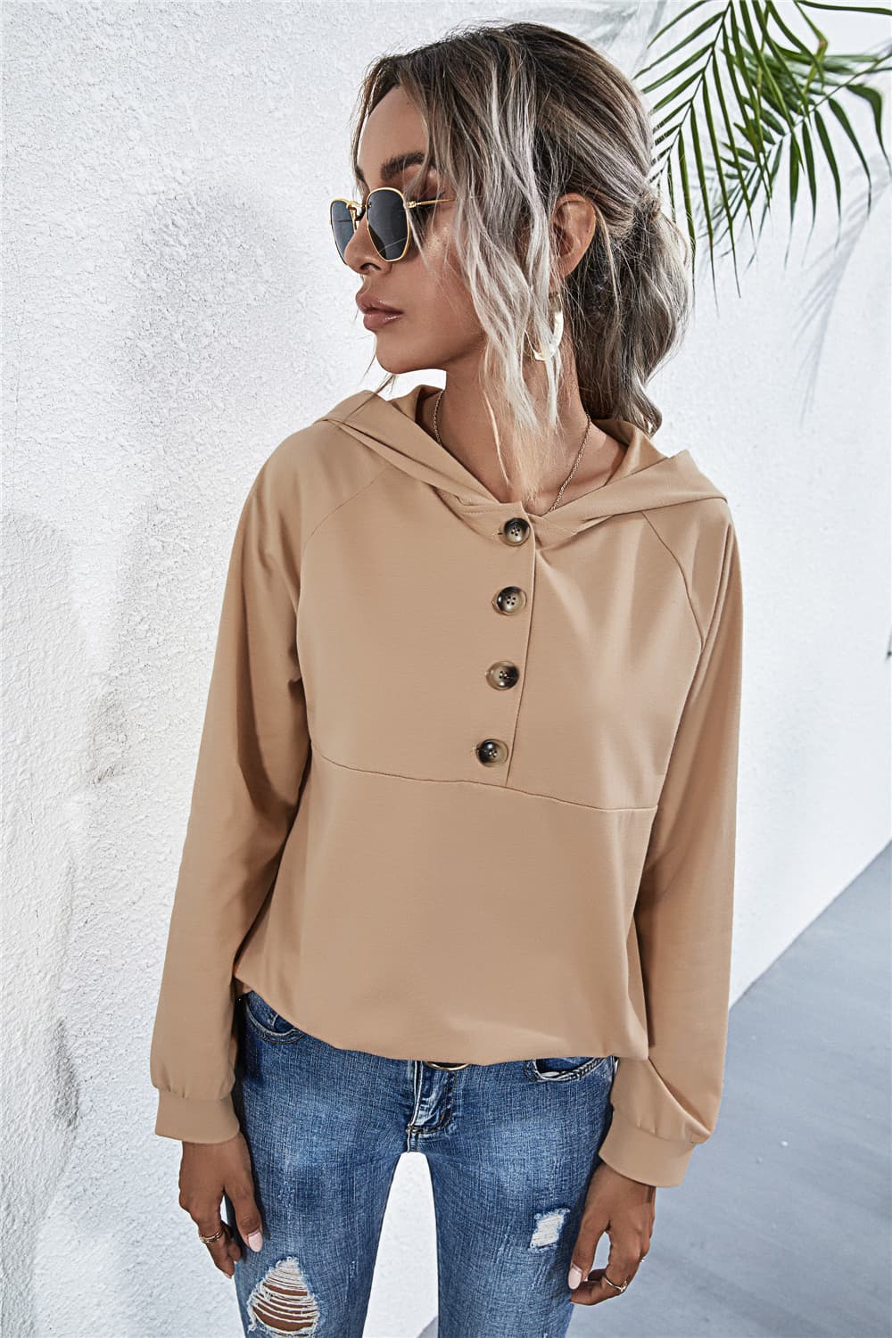 Buttoned Raglan Sleeve Hooded Blouse