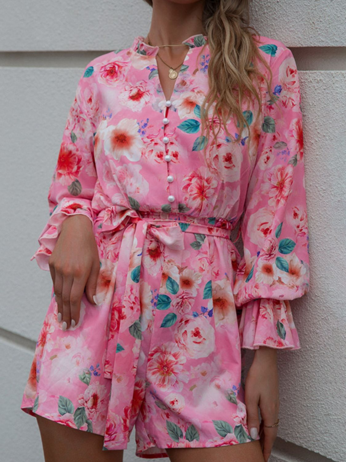 Floral Button Front Tie-Waist Flounce Sleeve Romper