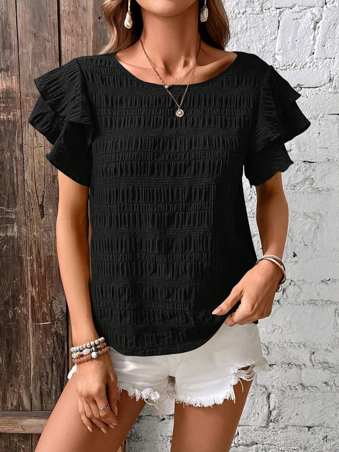 Round Neck Flounce Sleeve Blouse