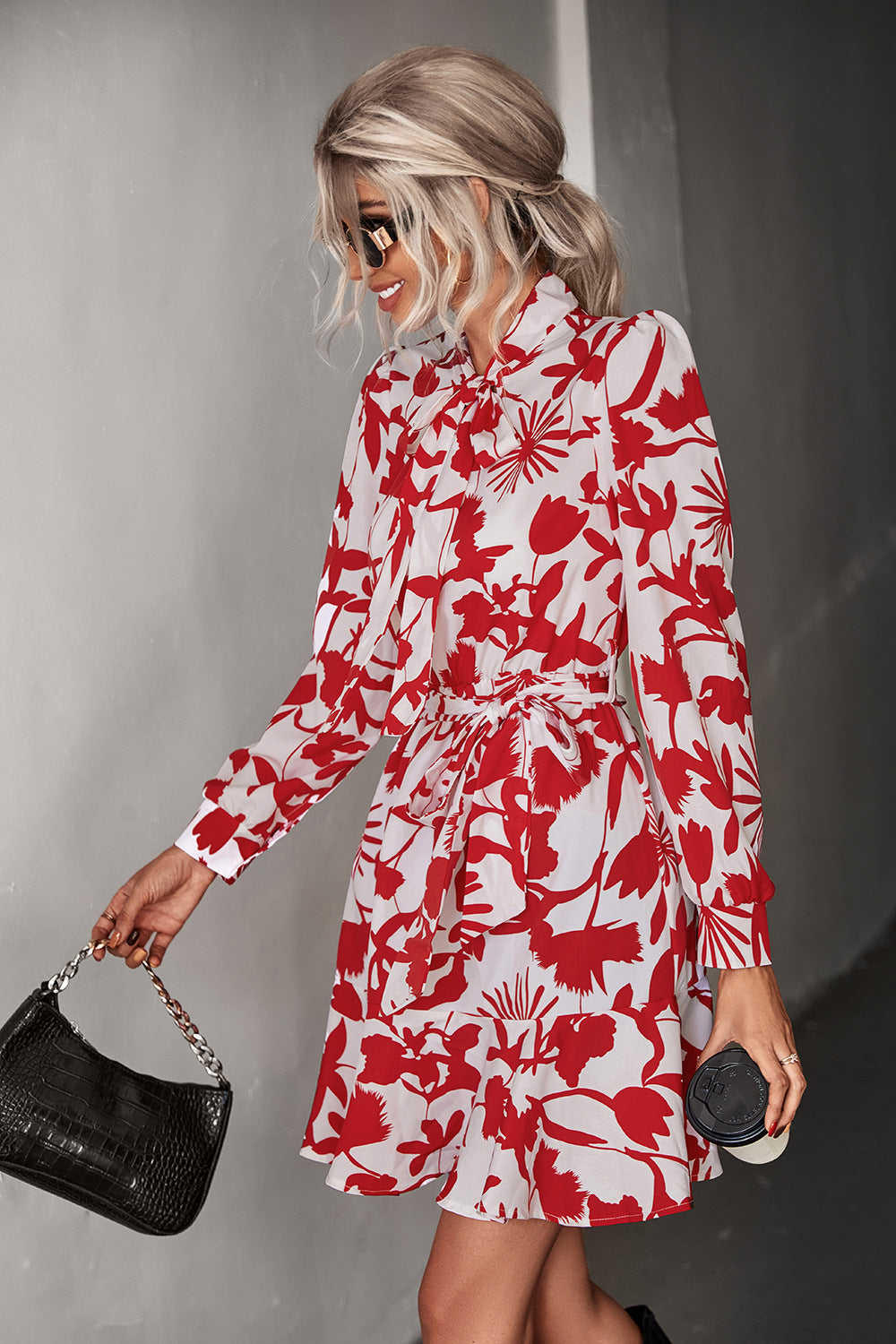 Floral Tie Neck Puff Sleeve Belted Dress