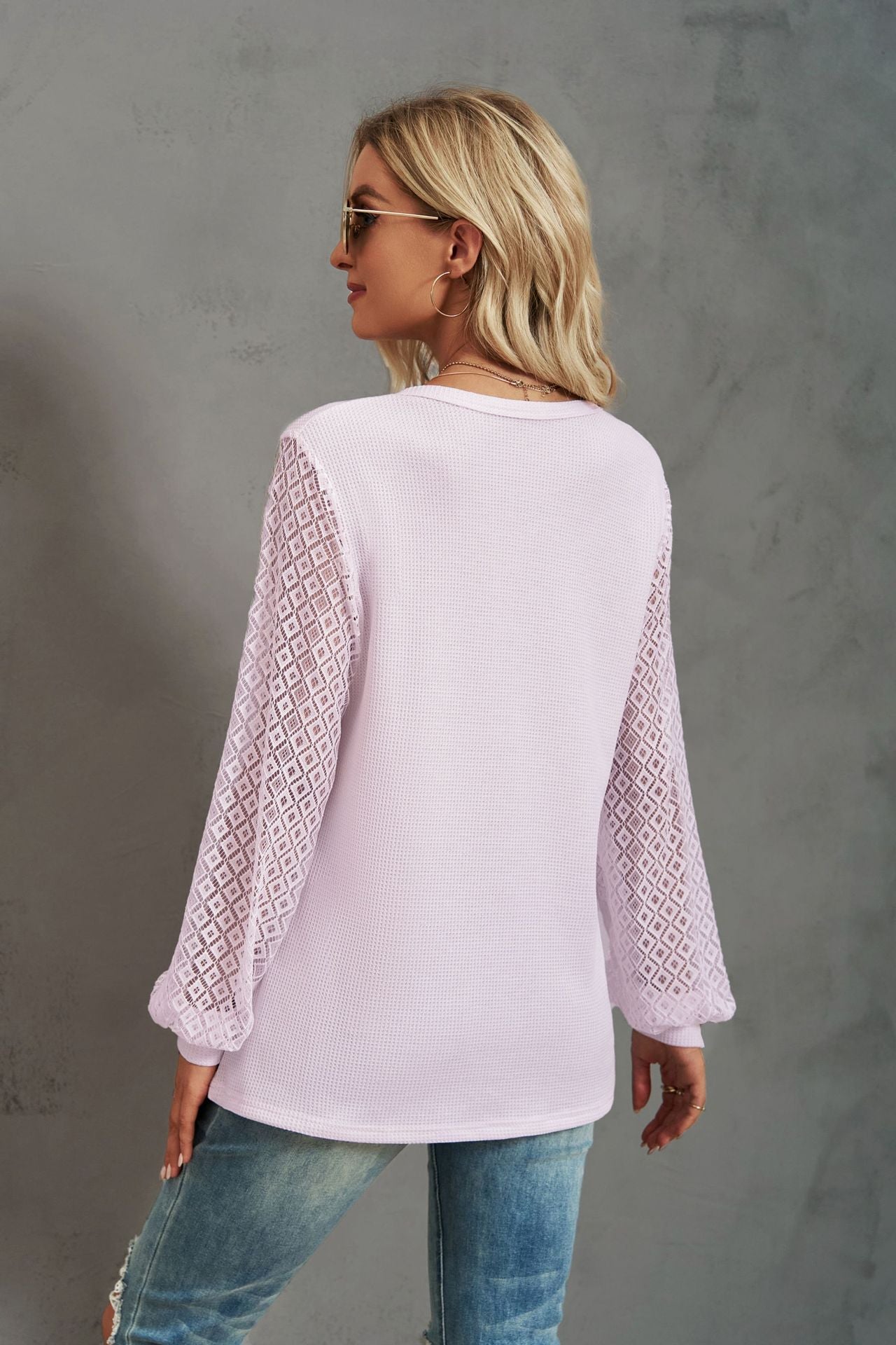 Waffle-Knit Lace Lantern Sleeve Henley Top