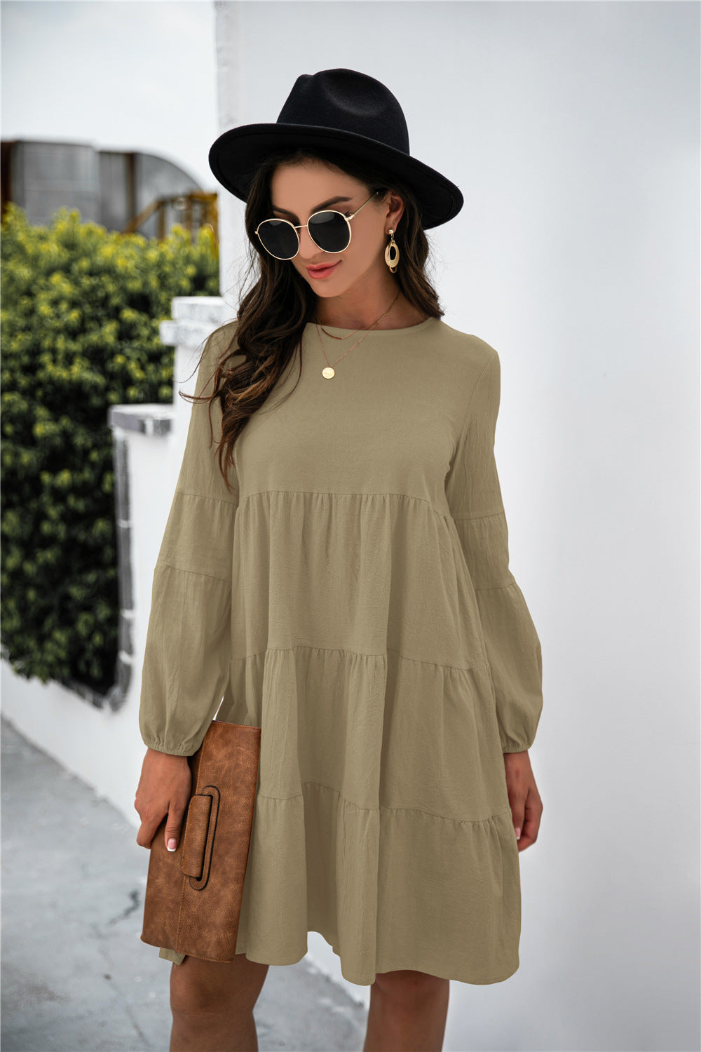 Balloon Sleeve Keyhole Tiered Dress