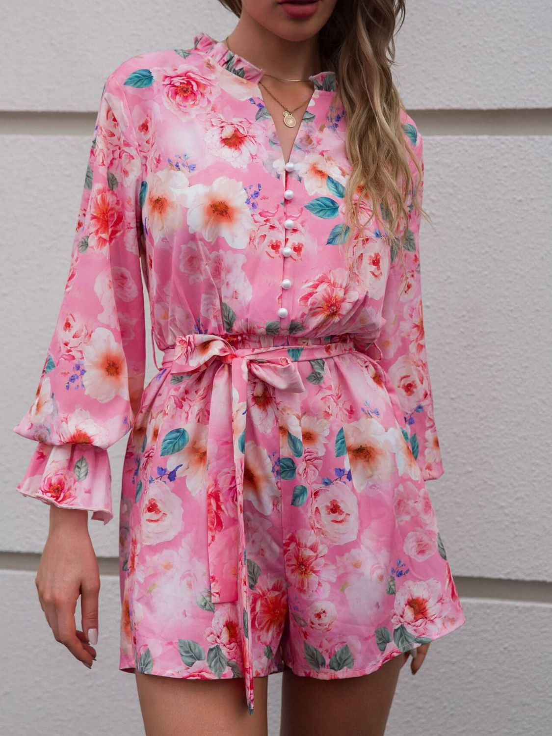 Floral Button Front Tie-Waist Flounce Sleeve Romper