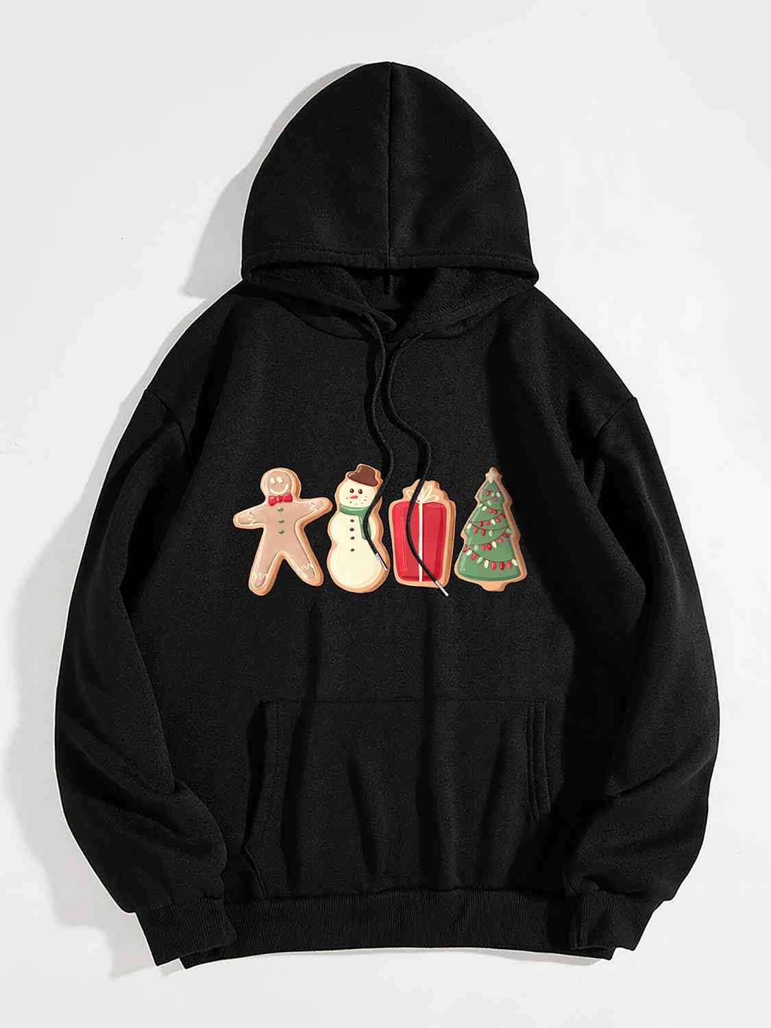Gingerbread Man Snowman Gift Tree Christmas Cookie Graphic Drawstring Hoodie with Pocket