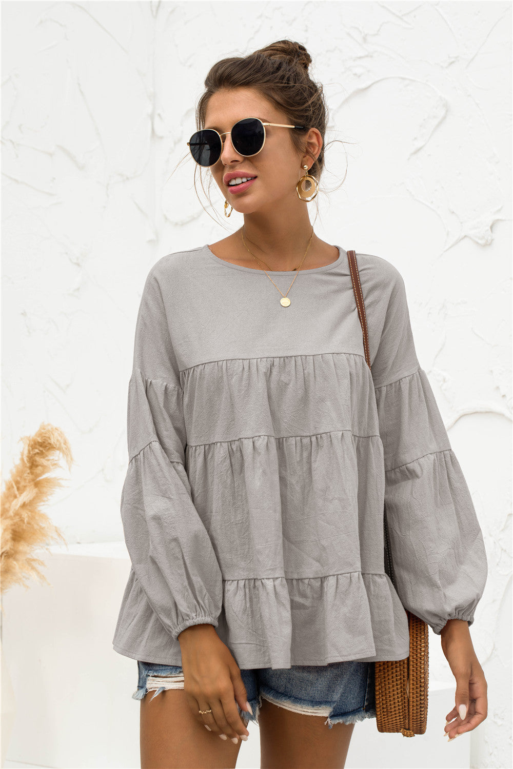 Round Neck Bubble Sleeve Tiered Blouse