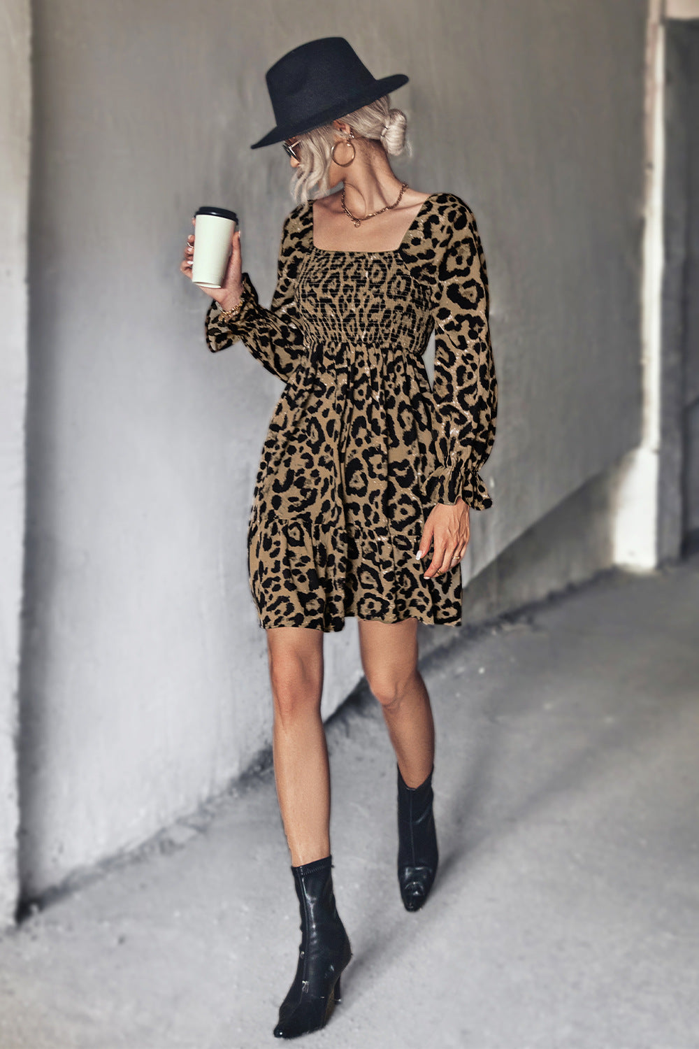 Leopard Smocked Flounce Sleeve Tiered Dress