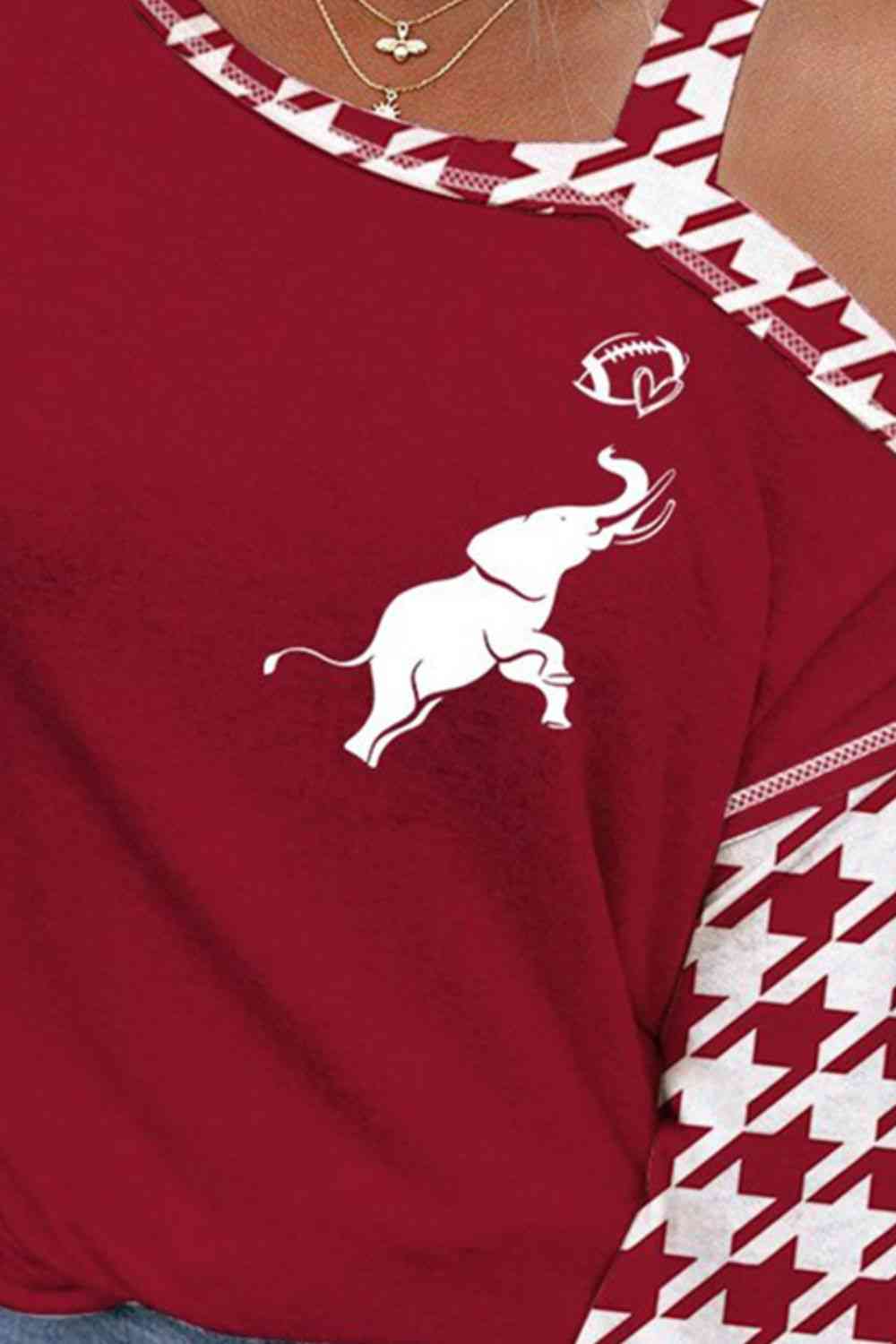 University of Alabama Crimson Red Roll Tide Elephant Football Houndstooth Long Sleeve Asymmetrical Neck Top