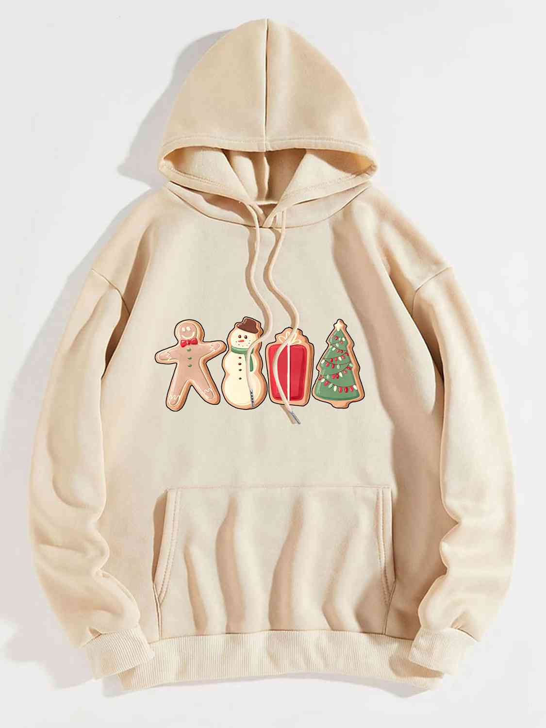 Gingerbread Man Snowman Gift Tree Christmas Cookie Graphic Drawstring Hoodie with Pocket
