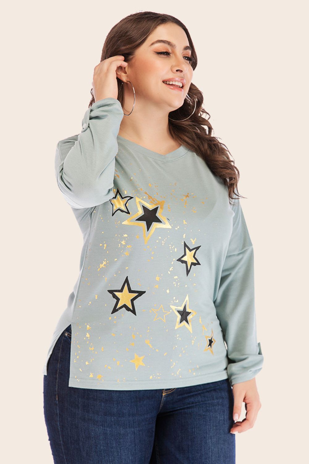 Plus Size Star Print Slit Dropped Shoulder Top