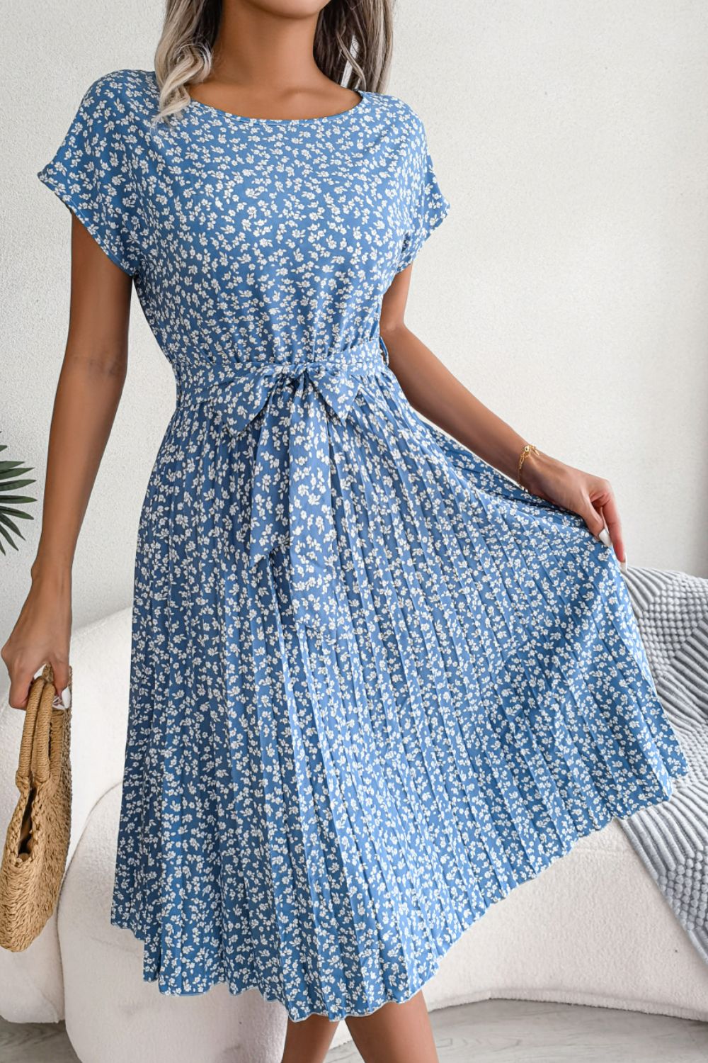 Ditsy Floral Pleated Belted Dress