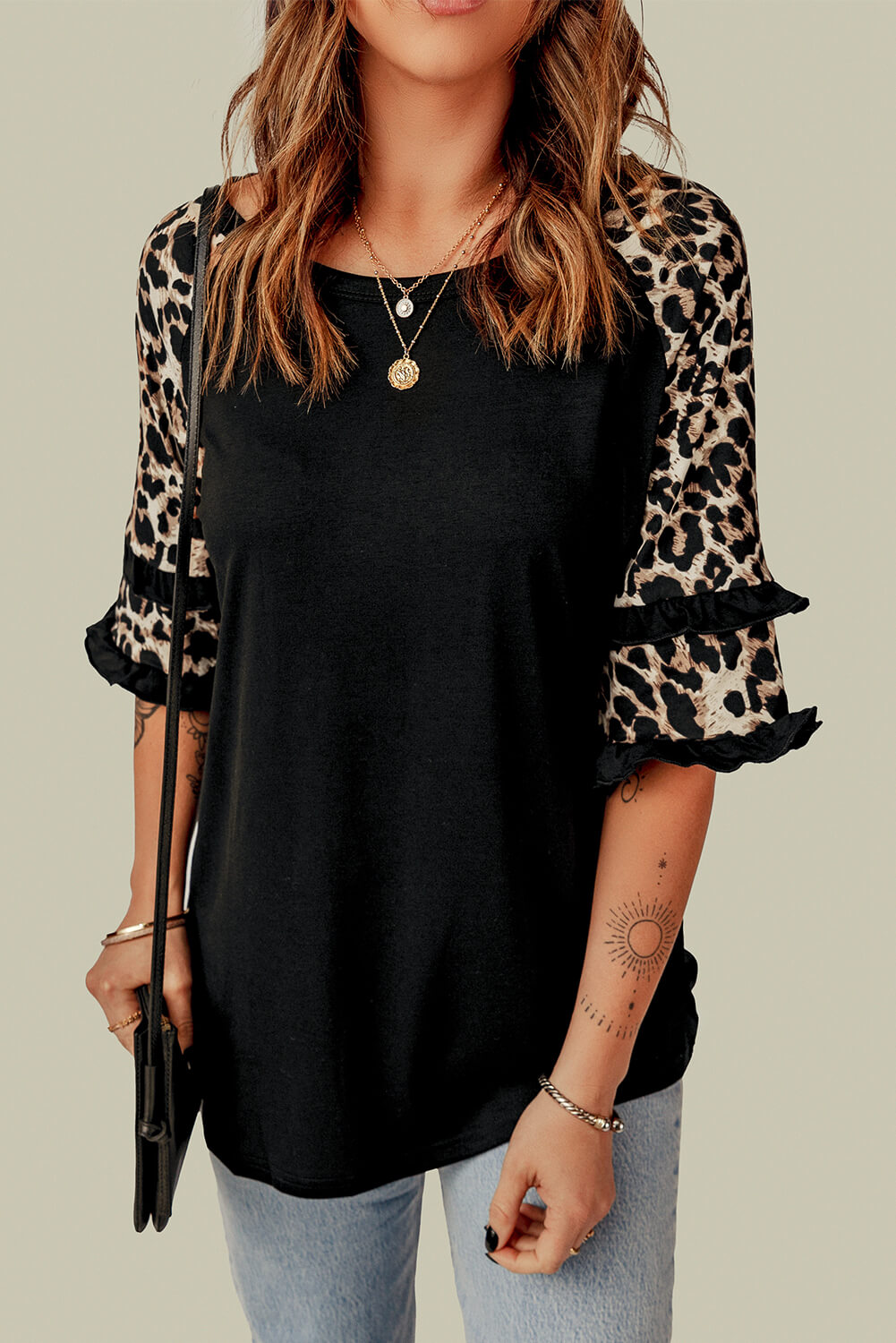 Leopard Contrast Ruffled Top