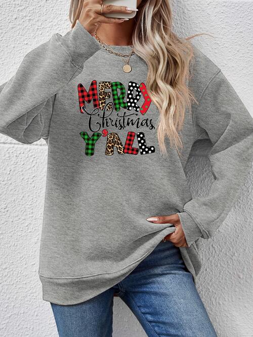 Merry Christmas Y'all Letter Graphic Round Neck Long Sleeve Sweatshirt