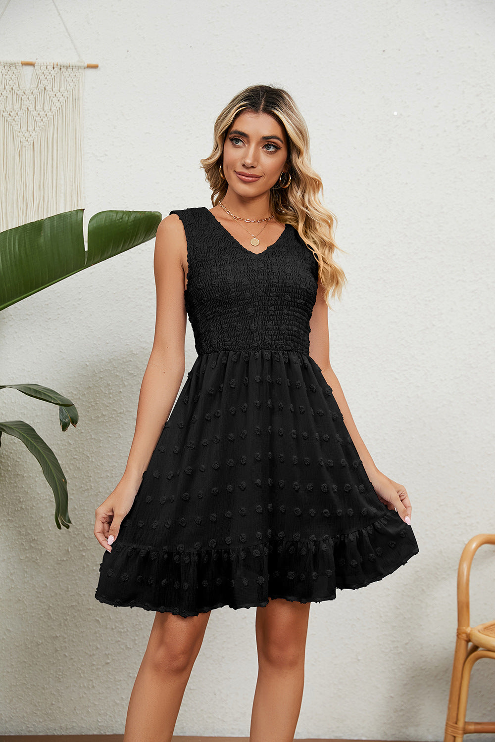 Swiss Dot V-Neck Sleeveless Dress