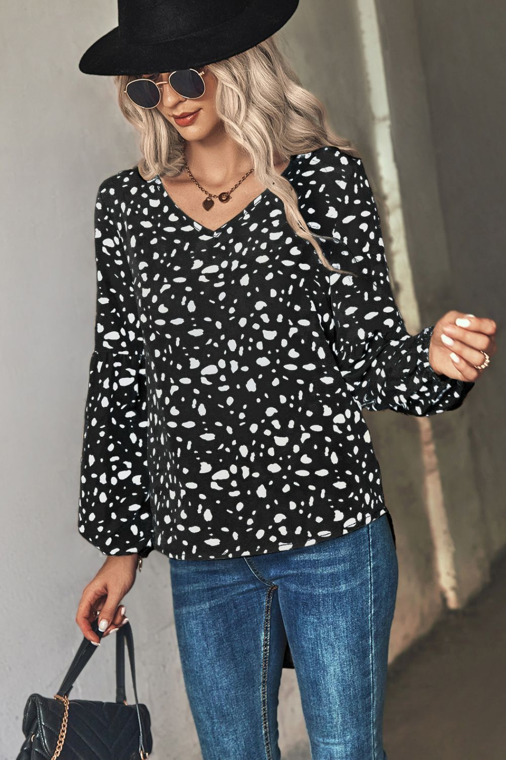 White Label Animal Print V-Neck High-Low Blouse