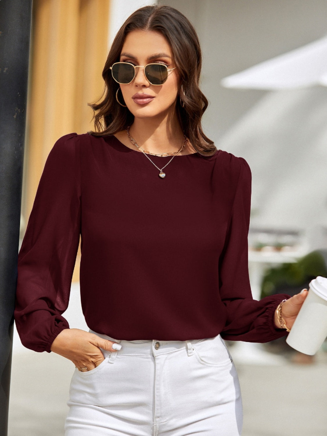 Round Neck Long Sleeve Blouse