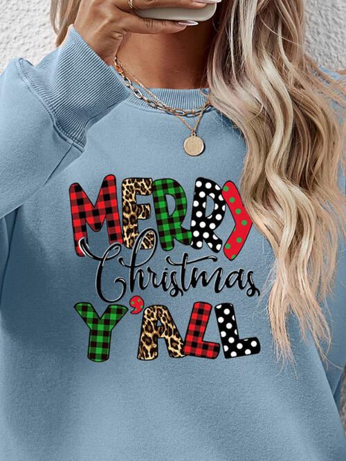 Merry Christmas Y'all Letter Graphic Round Neck Long Sleeve Sweatshirt