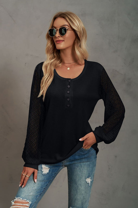 Waffle-Knit Lace Lantern Sleeve Henley Top