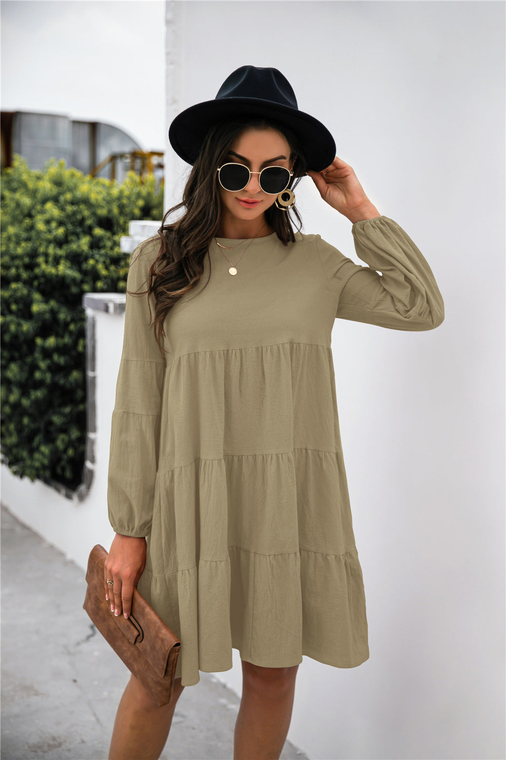 Balloon Sleeve Keyhole Tiered Dress